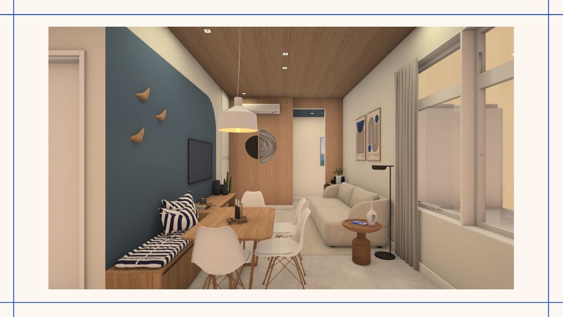 Apê Diogo: render 3D da sala com parede azul.