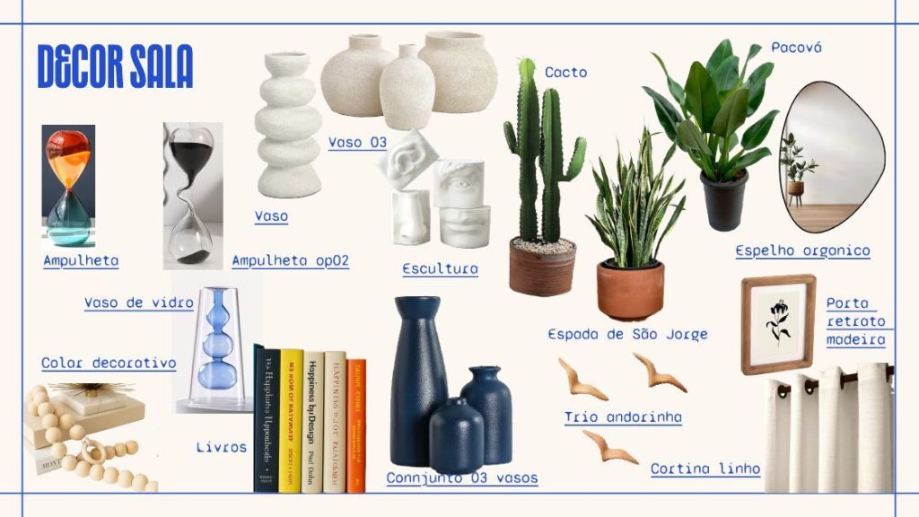 Apê Diogo: prancha de decoração da sala com indicações de peças.