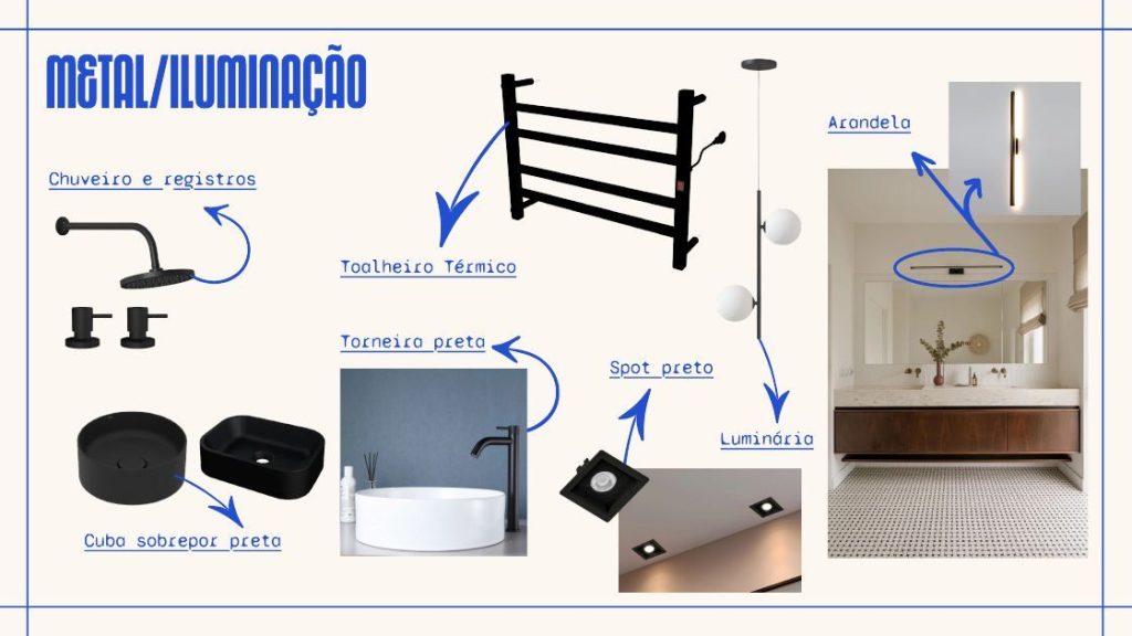 Banheiro 504: prancha de metais e iluminação.