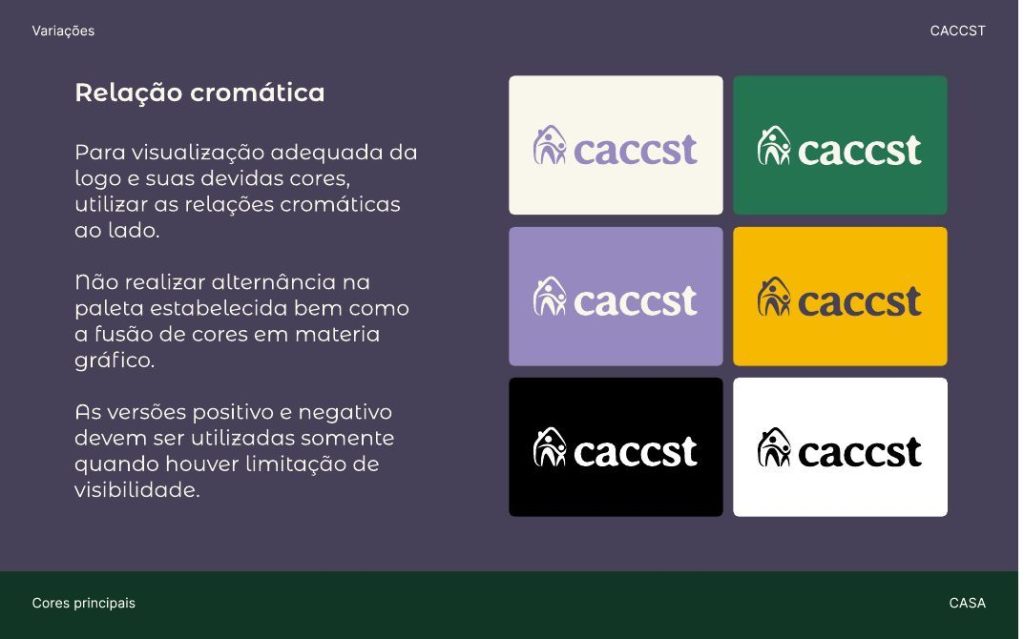 Manual de marca CACCST: relação cromática e versões do logotipo.
