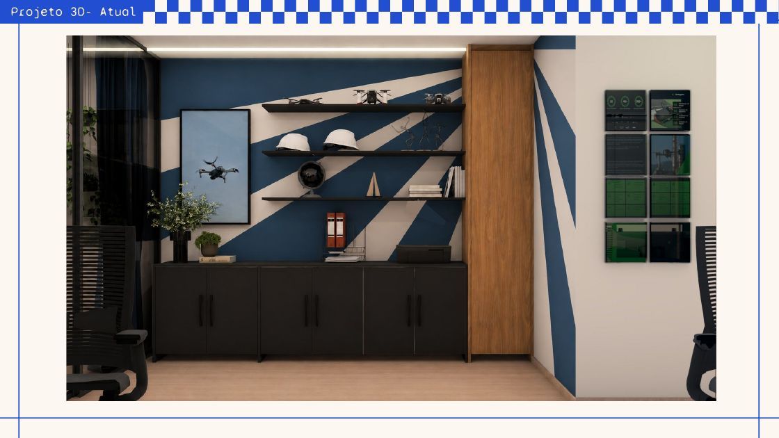 DIT Services: render 3D do escritório com parede azul e estações de trabalho.