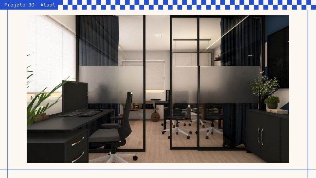 DIT Services: render 3D de sala com divisórias de vidro.